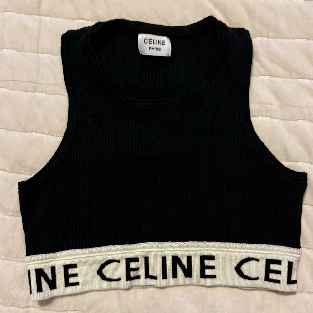 Celine Black Ribbed Logo Band Crop Tank